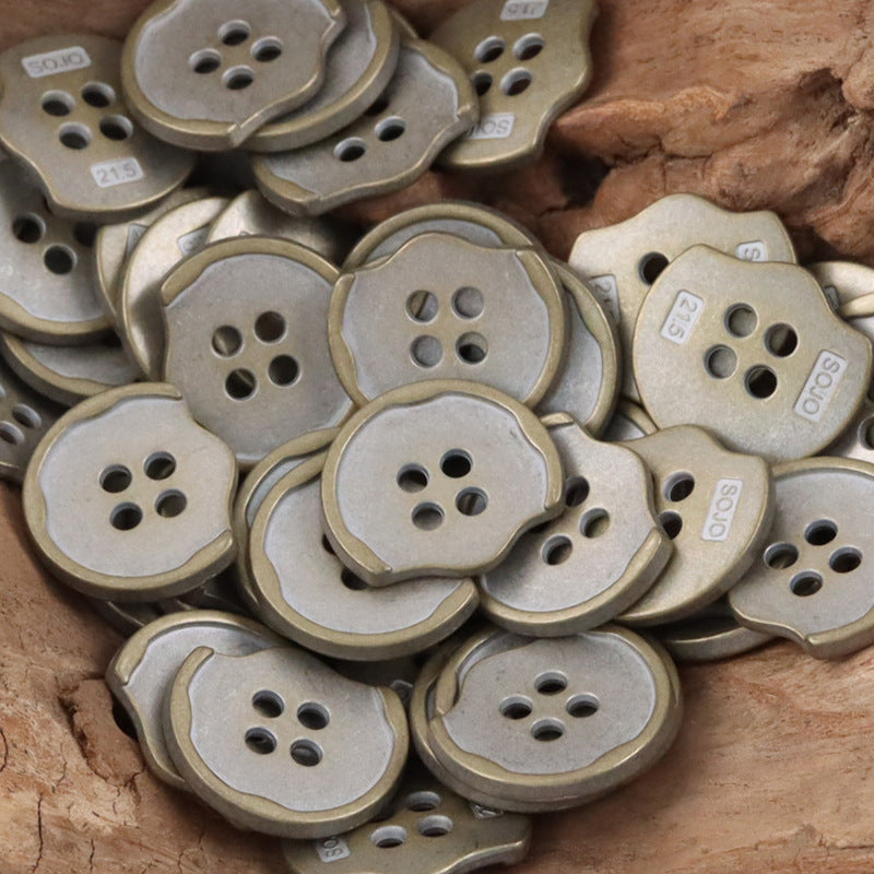 Irregular metal buttons mix in gray tones, 4-hole front, rounded-edged shape