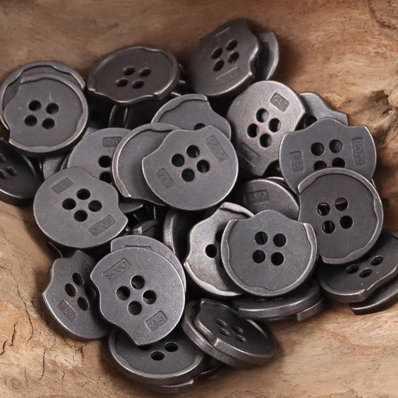 Dark tin irregular metal buttons, rounded edges, 4-hole front