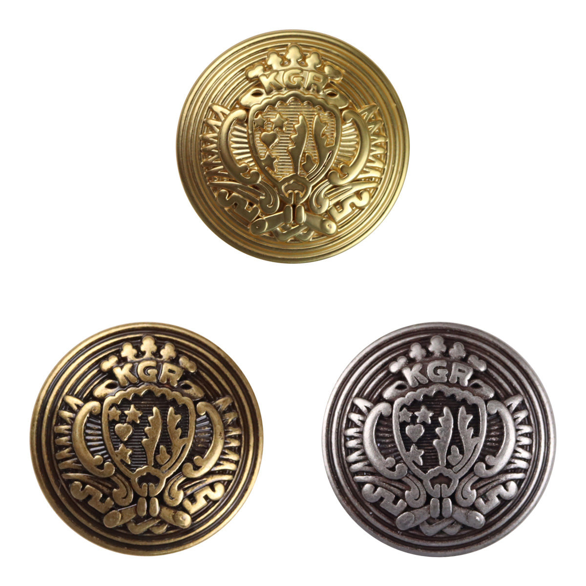 Gold-tone round metal shield button with ornate crest design and engraved border
