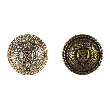 Metal shank buttons, gold and bronze with crest and laurel design