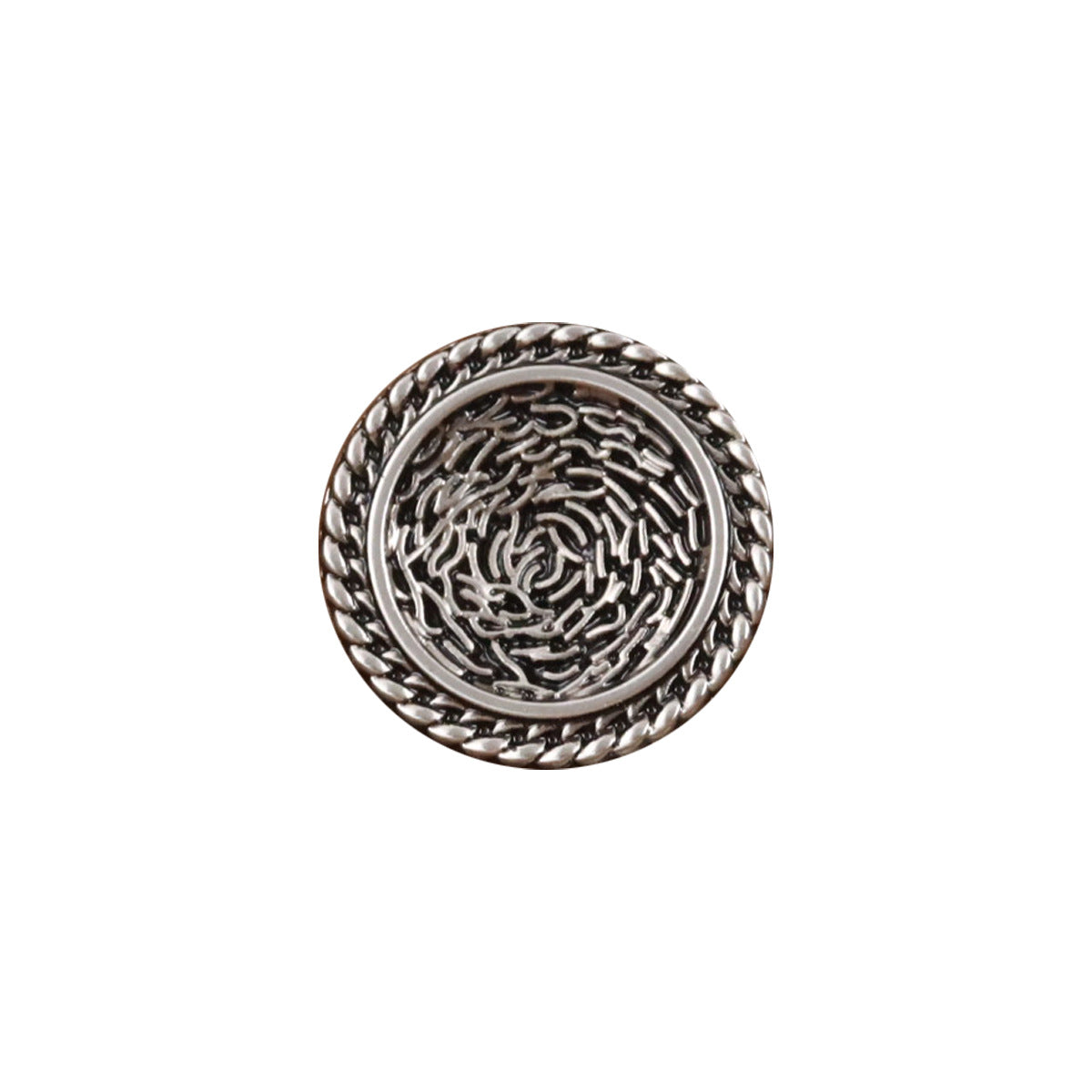 Threaded silver metal button, round with rope-edge border