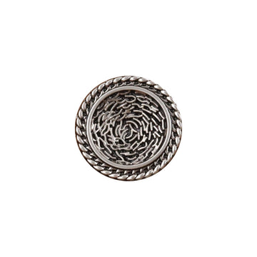 Threaded silver metal button, round with rope-edge border