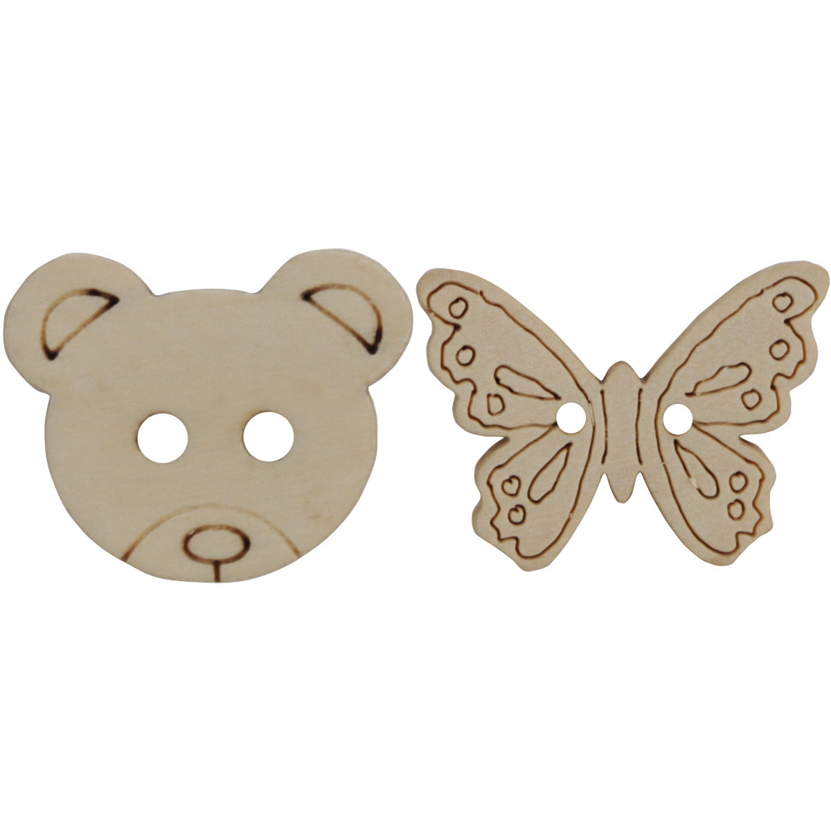 Natural log-brown wooden bear and butterfly two-hole buttons with printed outlines