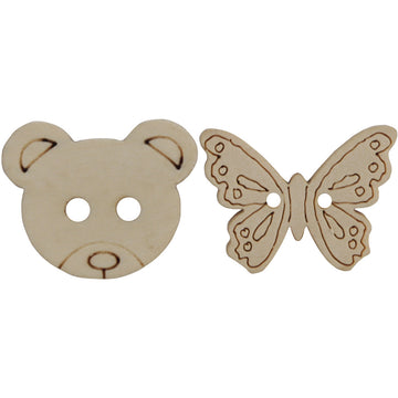 Natural log-brown wooden bear and butterfly two-hole buttons with printed outlines