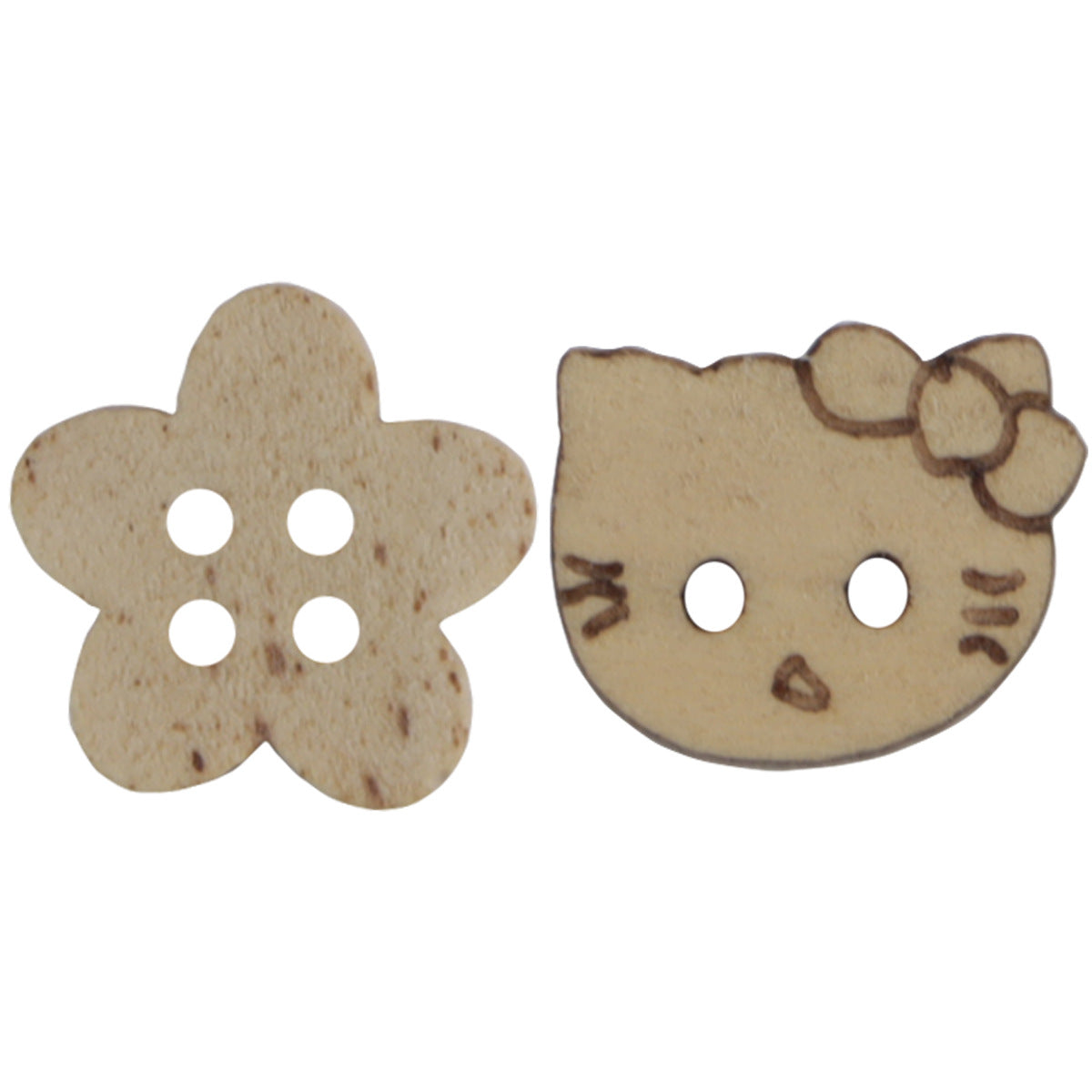 Wood buttons: Flower (11.5mm) and Kitty (13mm) designs, each with four holes