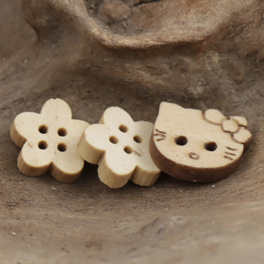Cute Little Flower & Kitty Cat Wooden Buttons 30pcs