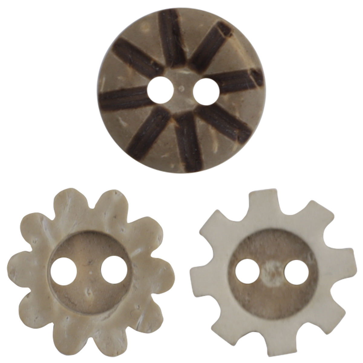 Sunflower coconut shell button, two-hole, dark-and-light striped round design