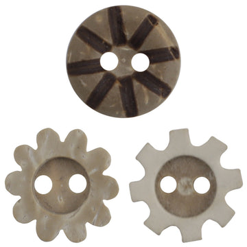 Sunflower coconut shell button, two-hole, dark-and-light striped round design