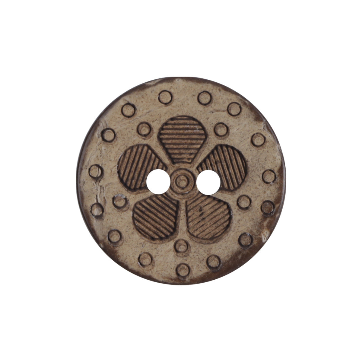 4-hole black coffee coconut shell button with etched flower pattern and four holes