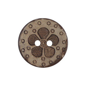 4-hole black coffee coconut shell button with etched flower pattern and four holes