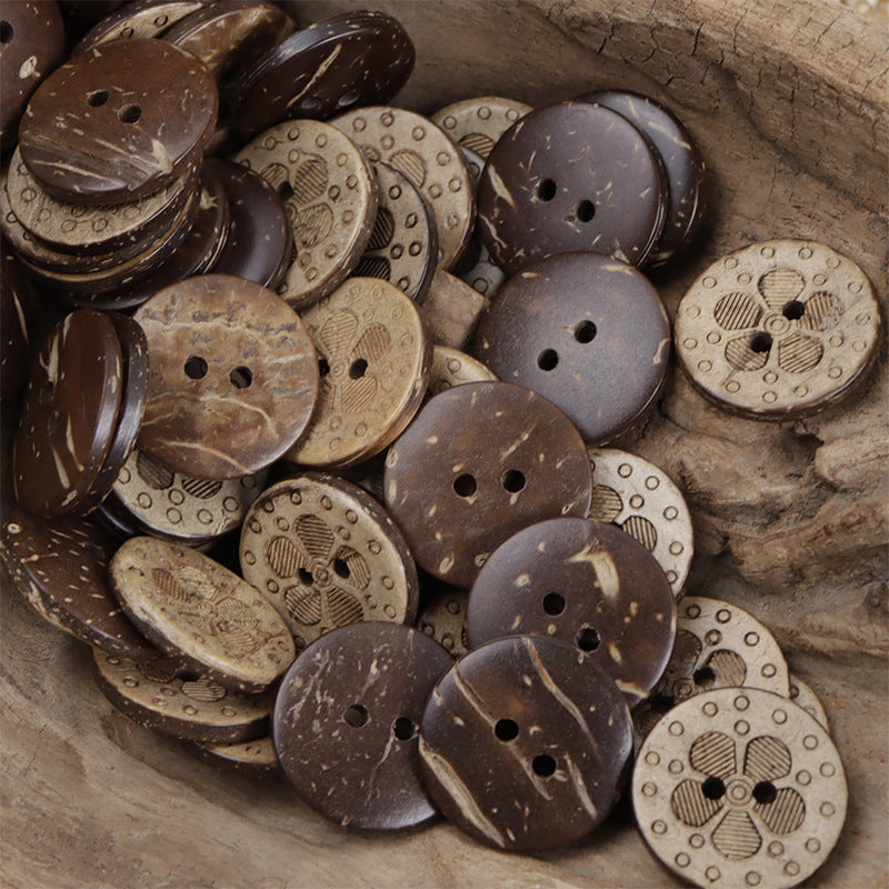 Mixed 4-hole black coffee and natural coconut shell buttons, round with etched floral motif