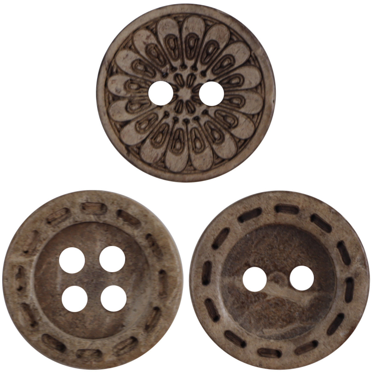 Round dark brown coconut shell button with floral mandala, two holes