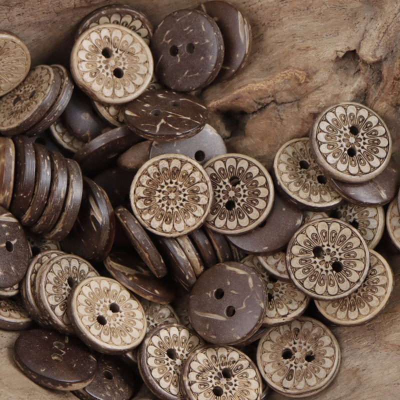 Coconut shell buttons set: tan floral inlays and dark brown rounds, two holes