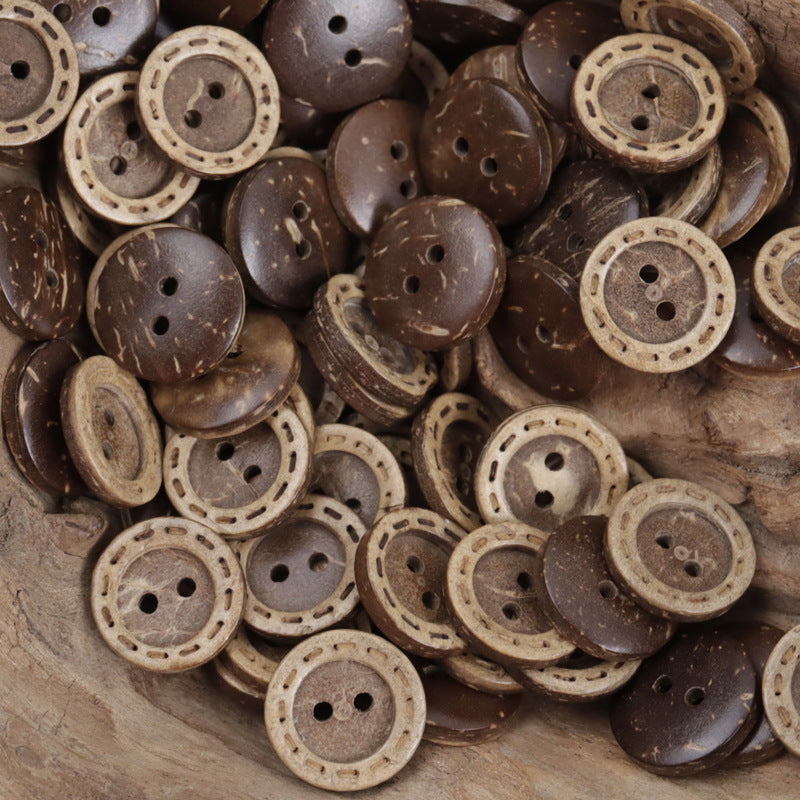 Assorted round 2-hole coconut shell buttons in dark brown and light tan