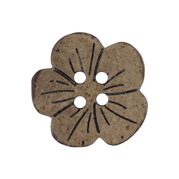 Natural coconut flower button, light tan, four holes with black petal linework