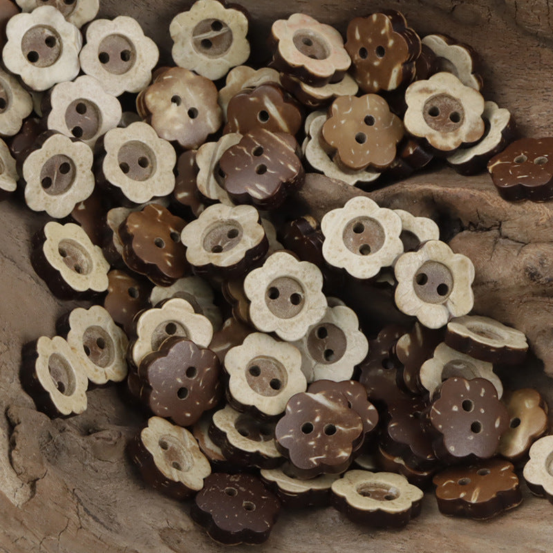 Mixed flower 2-hole coconut buttons in beige and coffee colors