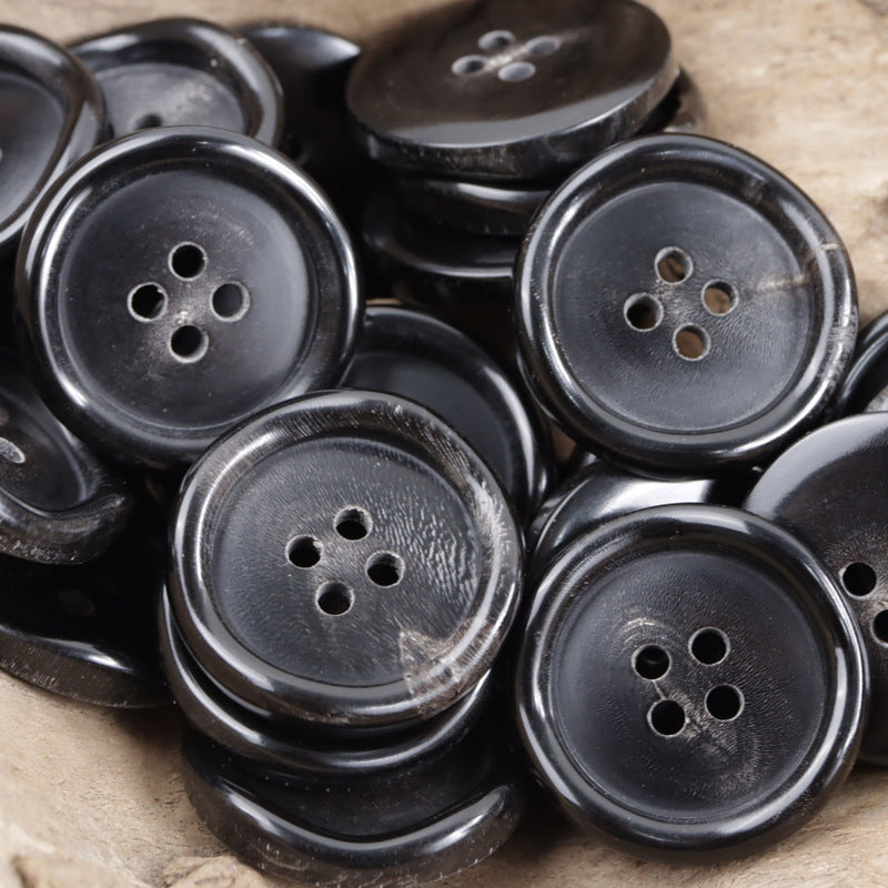 10pcs 4-hole horn buttons, dark black, curved wave edge design