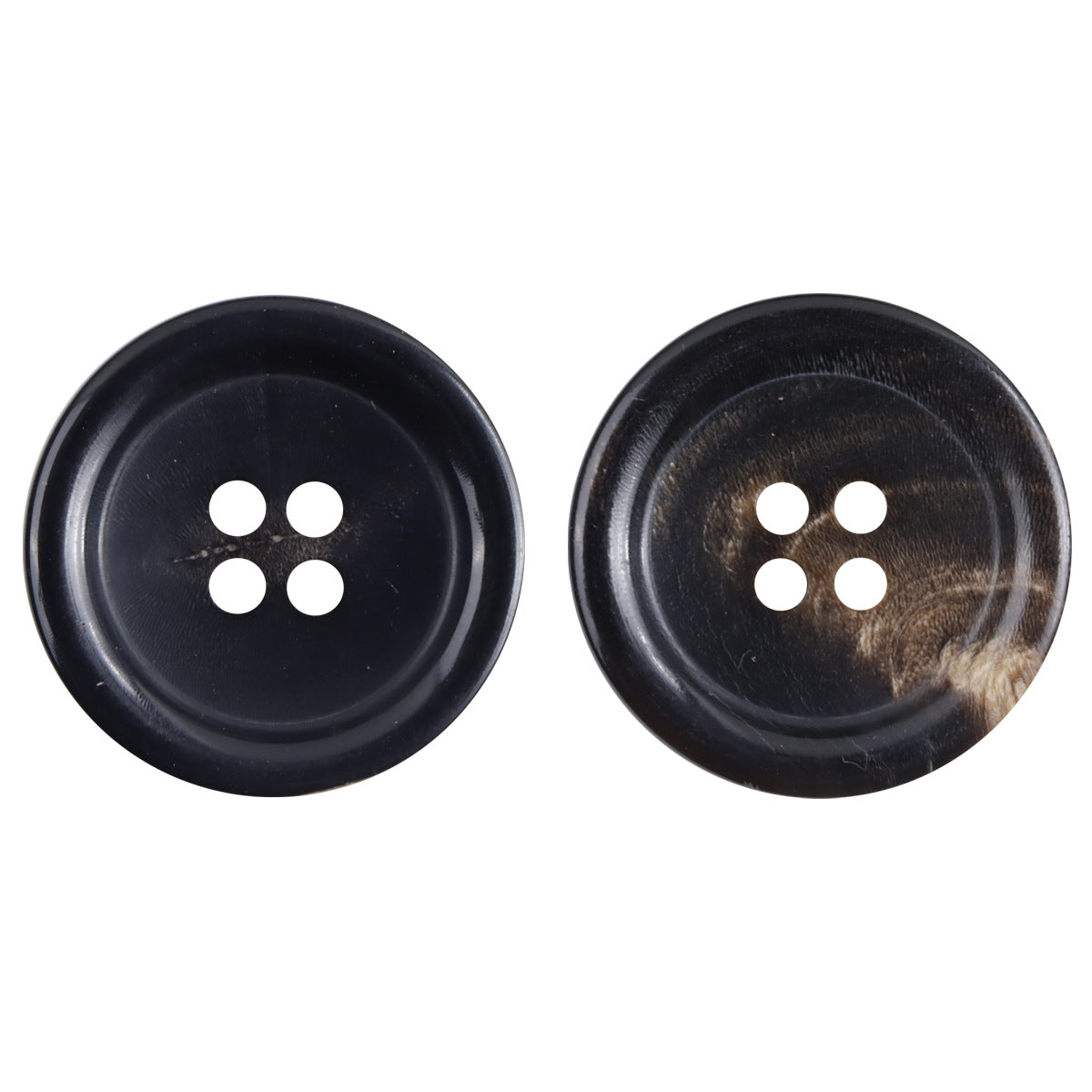 Black real horn suit buttons, round, 4-hole set close-up