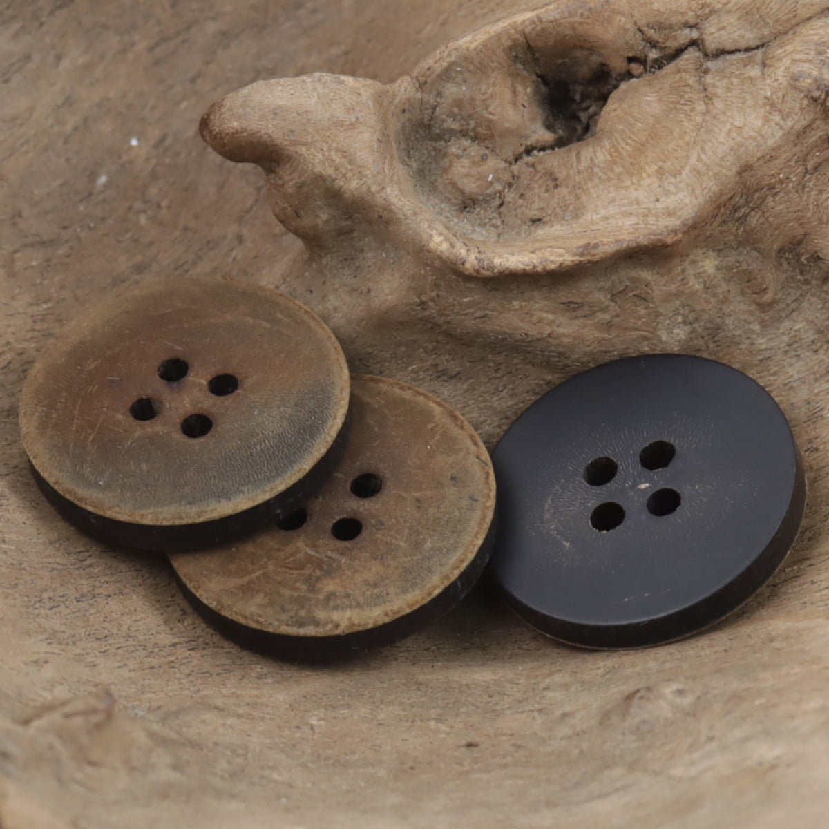 Real horn buttons set: light tan and dark brown, round, 4 holes