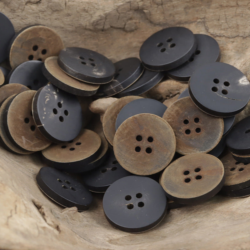 10-pack horn buttons mix: tan and dark slate, round flat, 4-hole designs