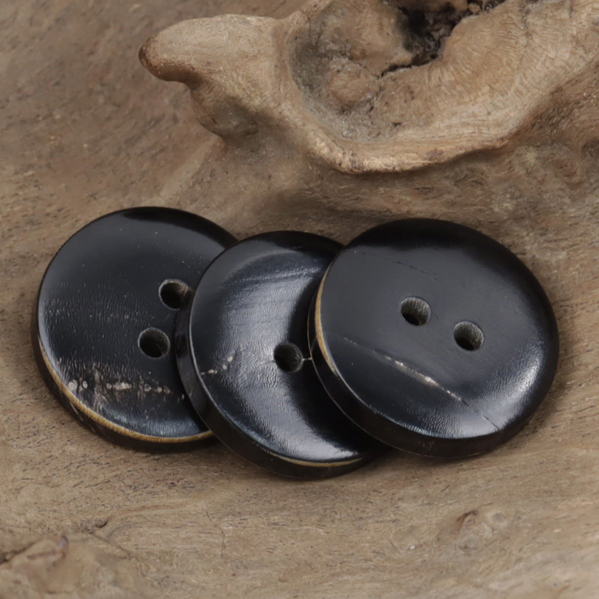 Round two-hole real horn buttons, dark vintage set (10 pcs)