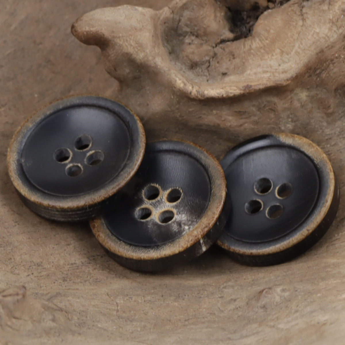 Bowl-shaped black horn buttons, multiple 4-hole fronts, vintage style, 10 pcs