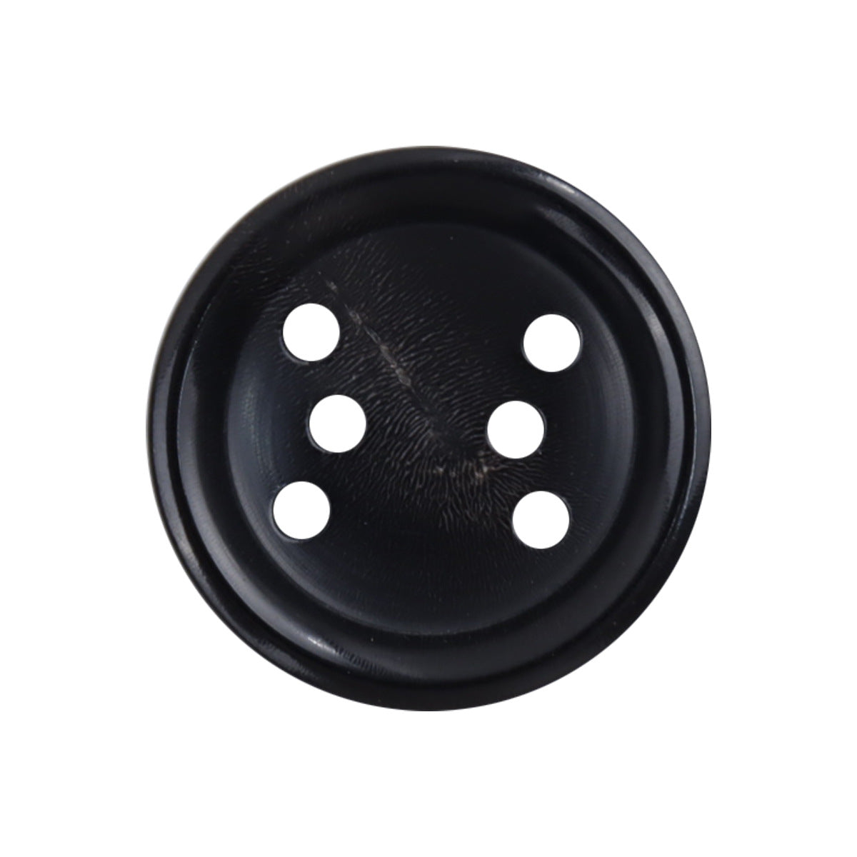 Round six-hole natural black horn button, glossy, for leather jacket closures