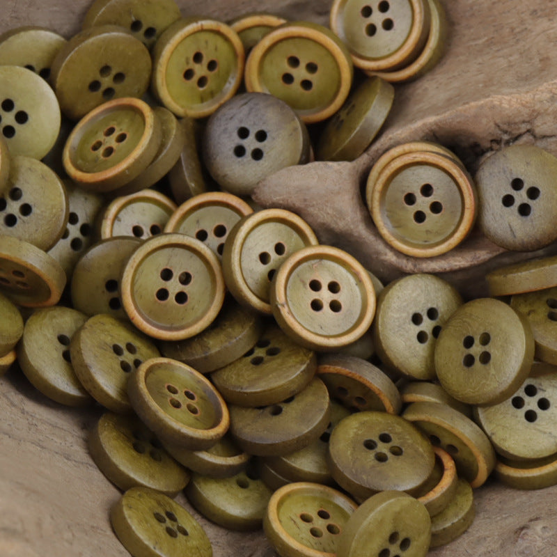 11.5mm round burnt natural buttons with 4 holes, mixed olive/khaki shades (10 pcs)