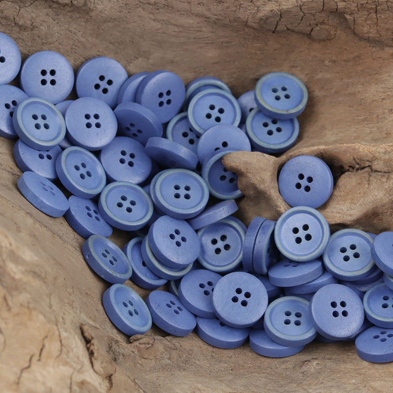 11.5mm round bovine bone buttons, 4-hole, soft blue color assortment (10 pcs)