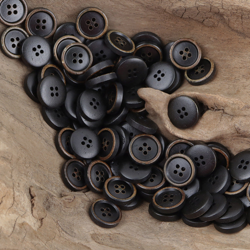 11.5mm round bovine bone buttons with 4 holes, dark gray/black mix (10 pcs)