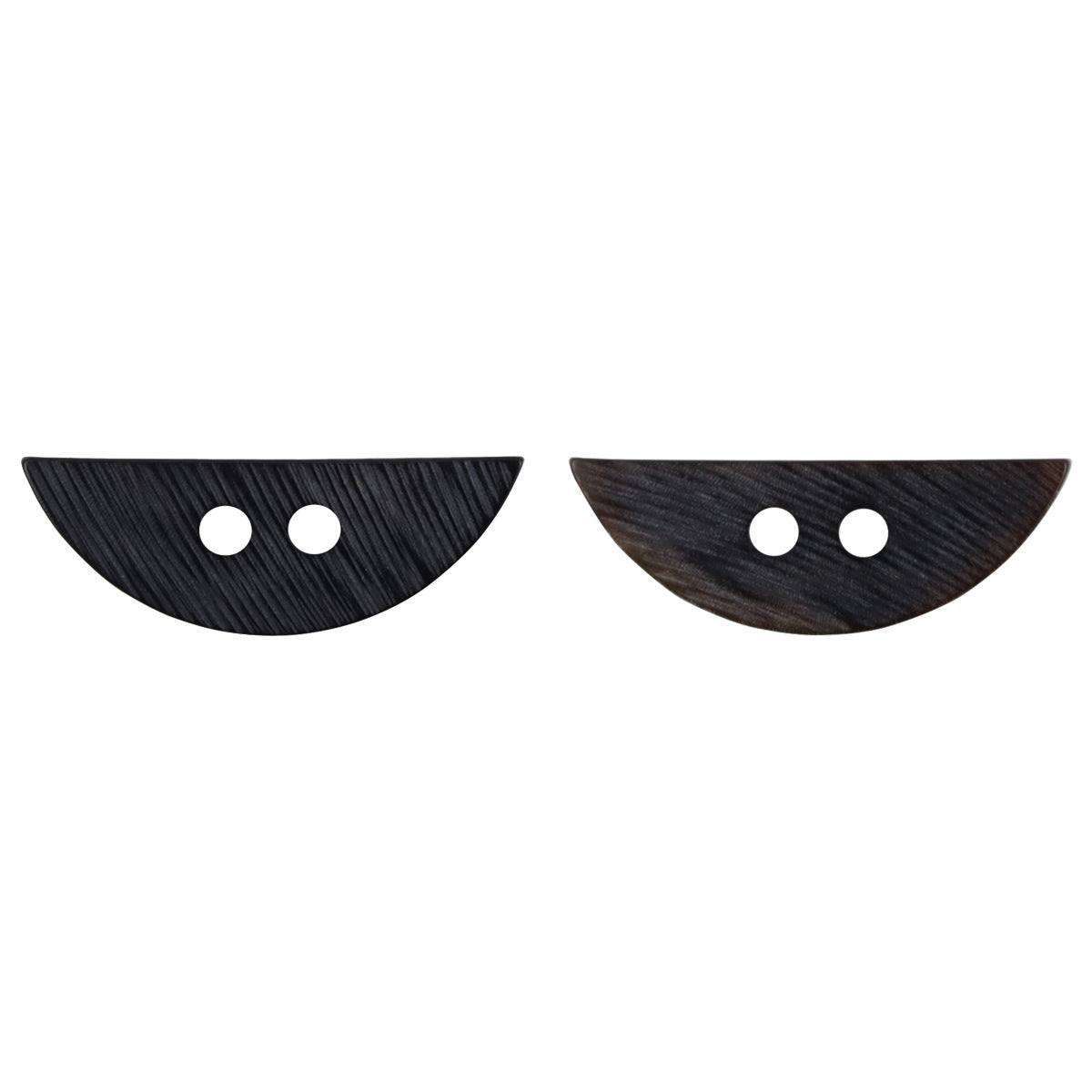 Crescent-shaped black slant-cut horn-look decorative buttons, two with two holes