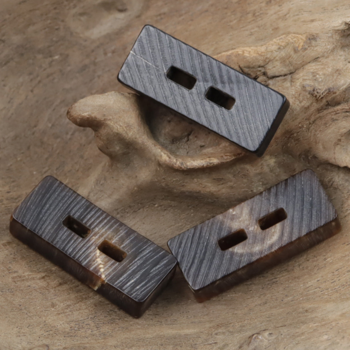 Natural horn toggle buttons, rectangular, 2-hole, dark gray tone pieces