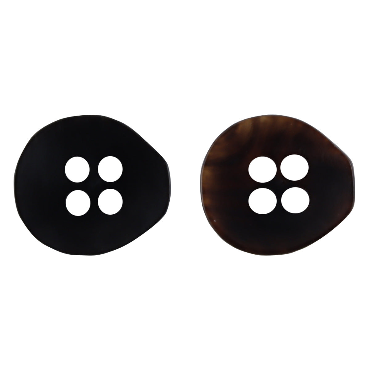 Natural horn 4-hole pear-shaped buttons—black and brown, front view