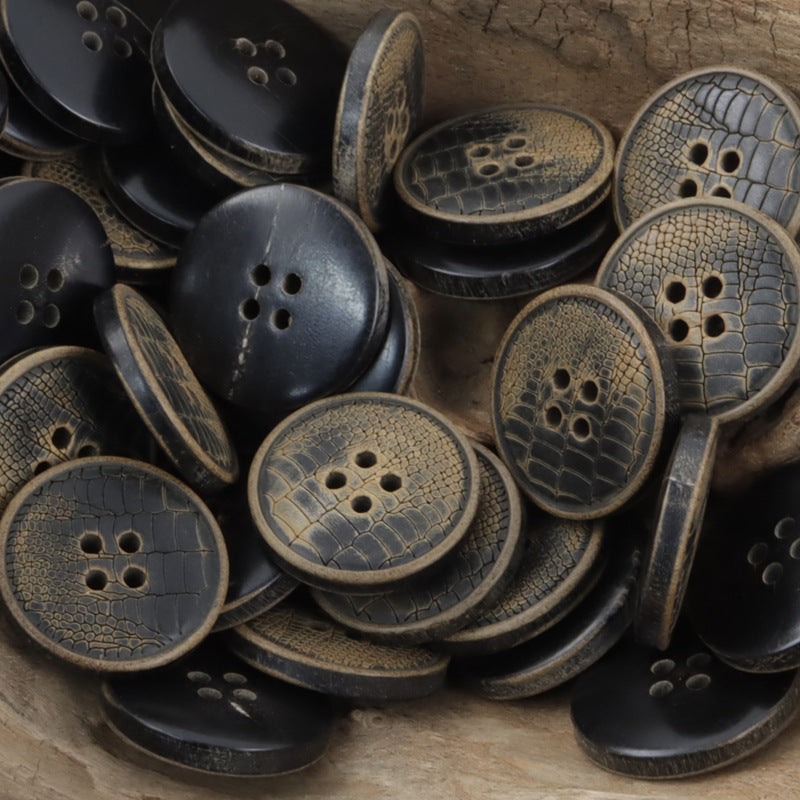 Assorted horn buttons, burnt snake-skin pattern in black & coffee
