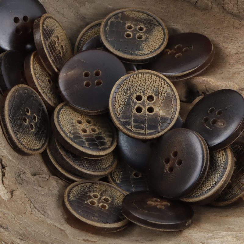 Assorted horn buttons in coffee and dark, burnt snake-skin pattern, 4 holes