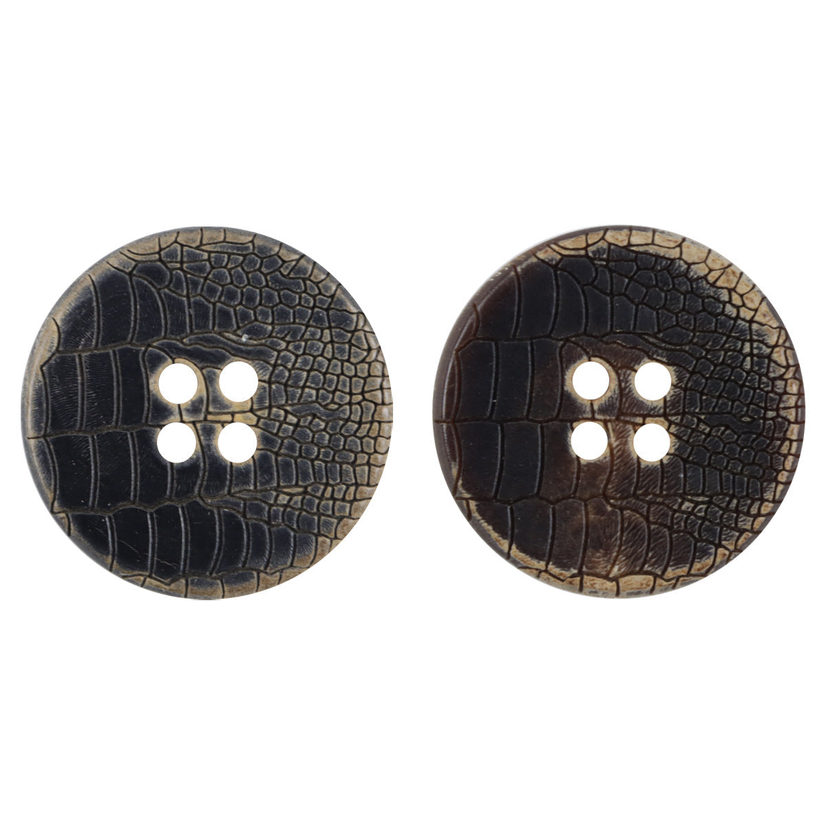 Snakeskin cracked flat horn buttons, black and coffee with 4-hole design