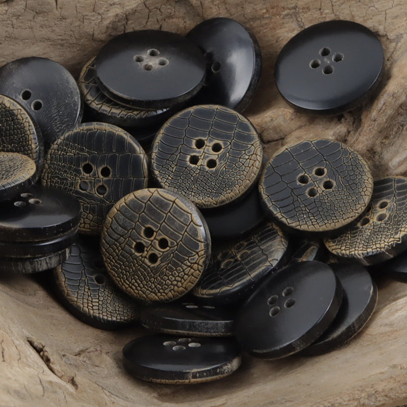Flat horn buttons with snakeskin crackle pattern, mix of dark and tan, 4 holes