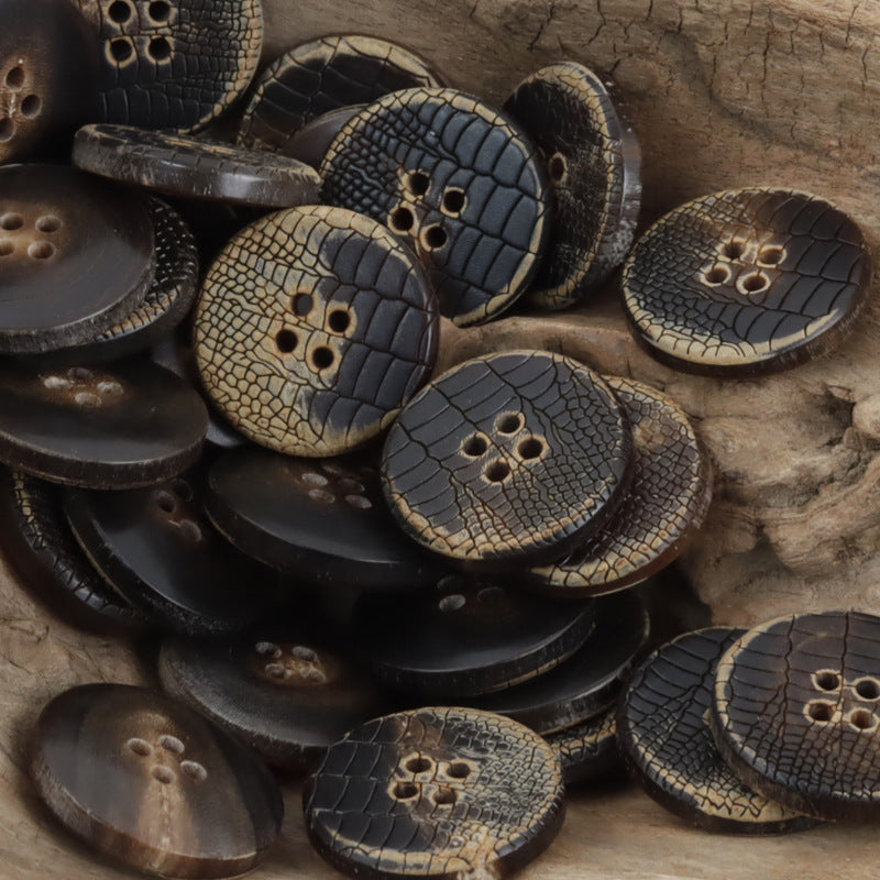 Snakeskin cracked flat horn buttons, round, dark and light tones, 4-hole arrangement