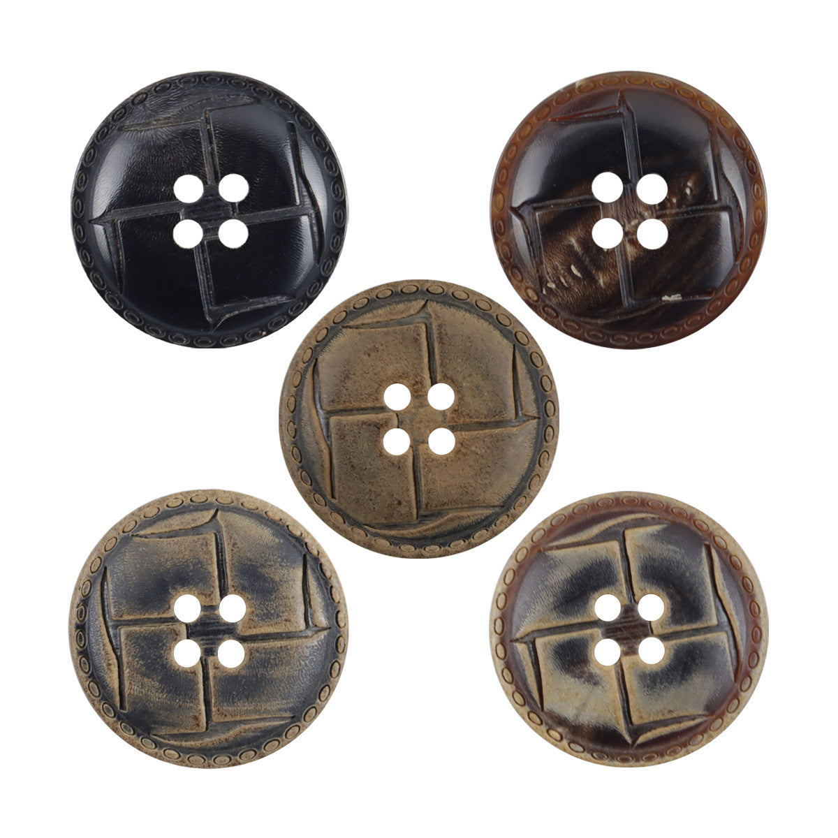 Laser-burnt horn-look buttons set, glossy black & coffee tones, 4-hole square cross design