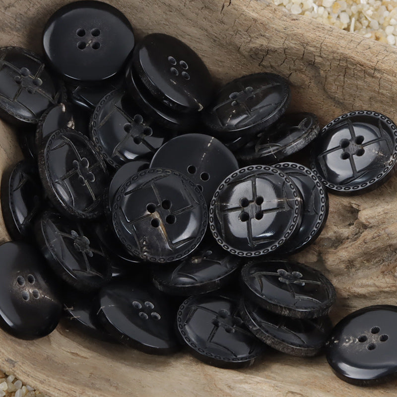 Horn-look jacket buttons, dark glossy round buttons with embossed ring border and 4 holes