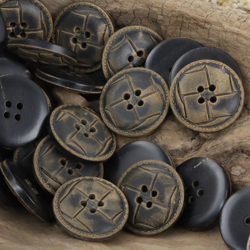 Assorted horn-look buttons, dark blue-black and bronze tones, 4-hole square-cross styling