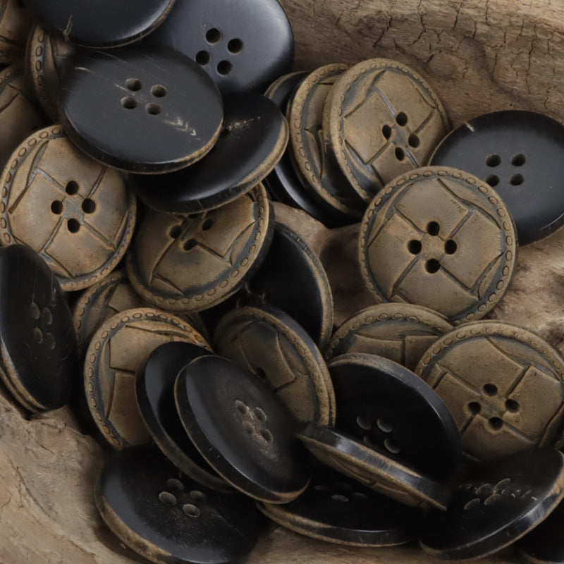 Horn-look buttons assortment, dark black and bronze round styles with engraved border and 4 holes