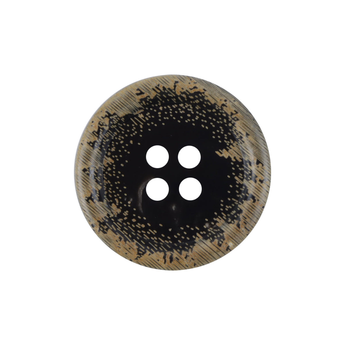 Vintage 4-hole horn button, black with burnt yellow speckled edge