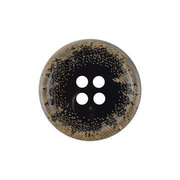 Vintage 4-hole horn button, black with burnt yellow speckled edge