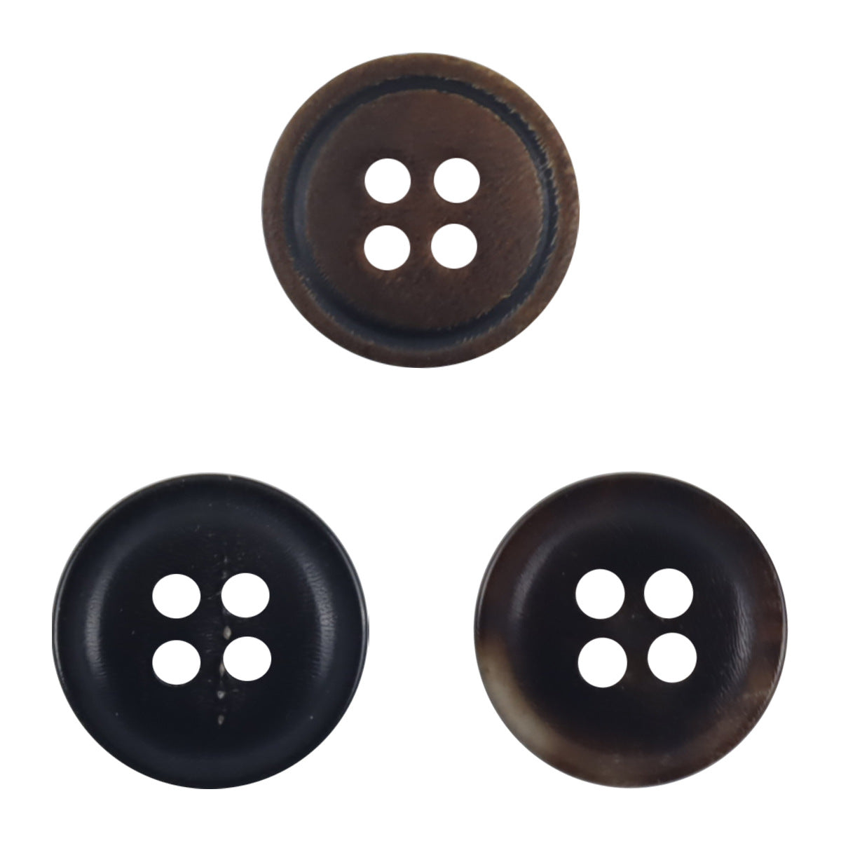 Vintage charred horn buttons, 4-hole style, dark brown and black set (10 pcs)