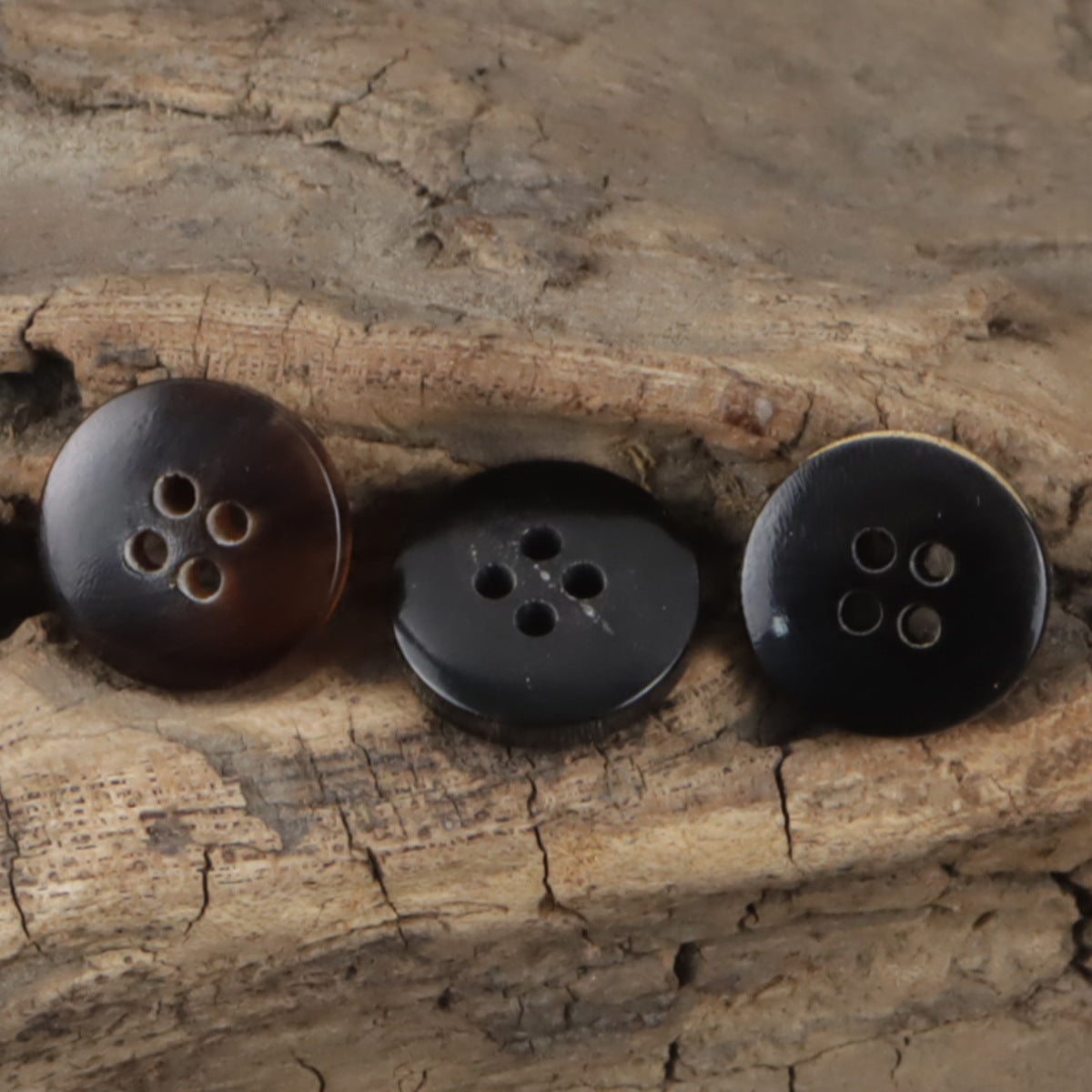 Vintage charred horn buttons (3) with 4 holes each in dark and coffee tones (10 pcs)