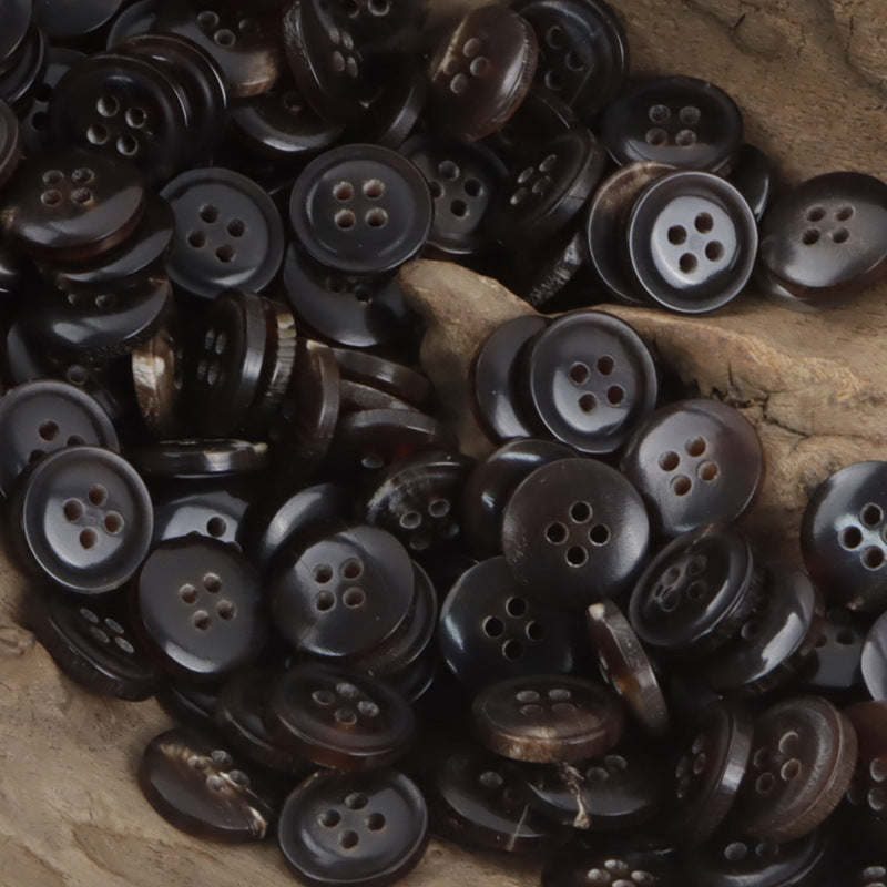 Vintage charred horn buttons bulk pile, 4-hole buttons in dark shades (10 pcs)