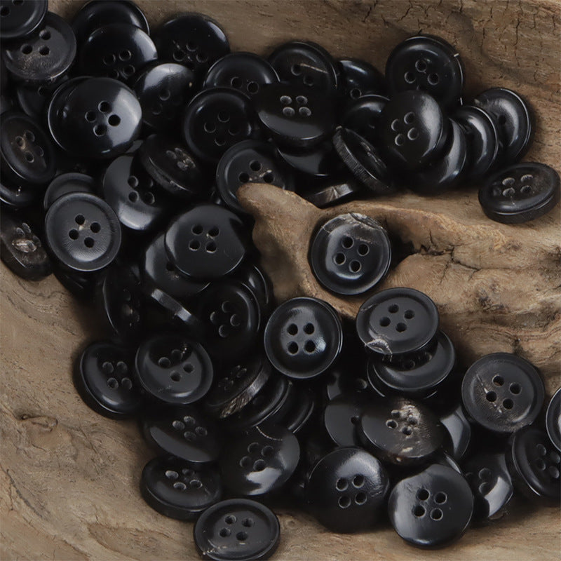 Vintage charred horn buttons, 4-hole style, mostly black set (10 pcs)