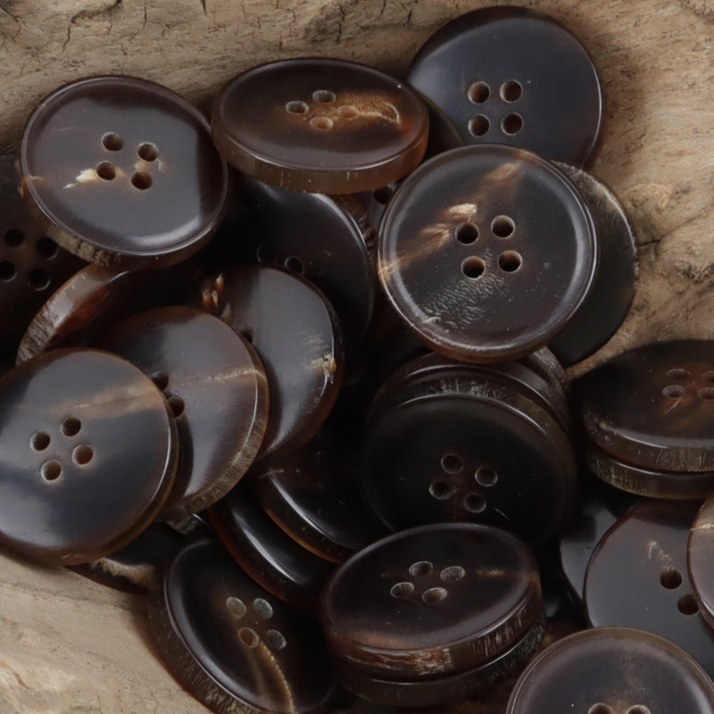 Coffee-brown 4-hole horn-look buttons, varied sheen, 10 pcs