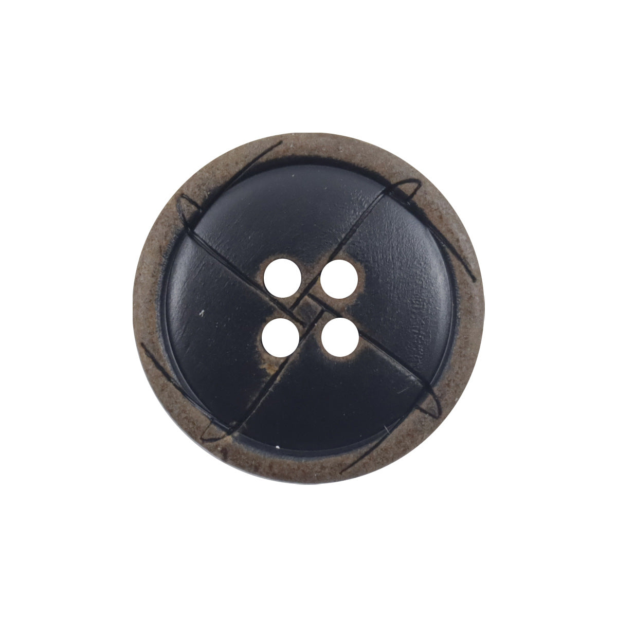 Black round cow horn button with 4-hole design and horn-colored outer edge.